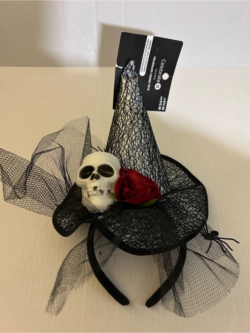 Celebrate it Mini Witch Hat Headband with Skull & Red Rose HALLOWEEN